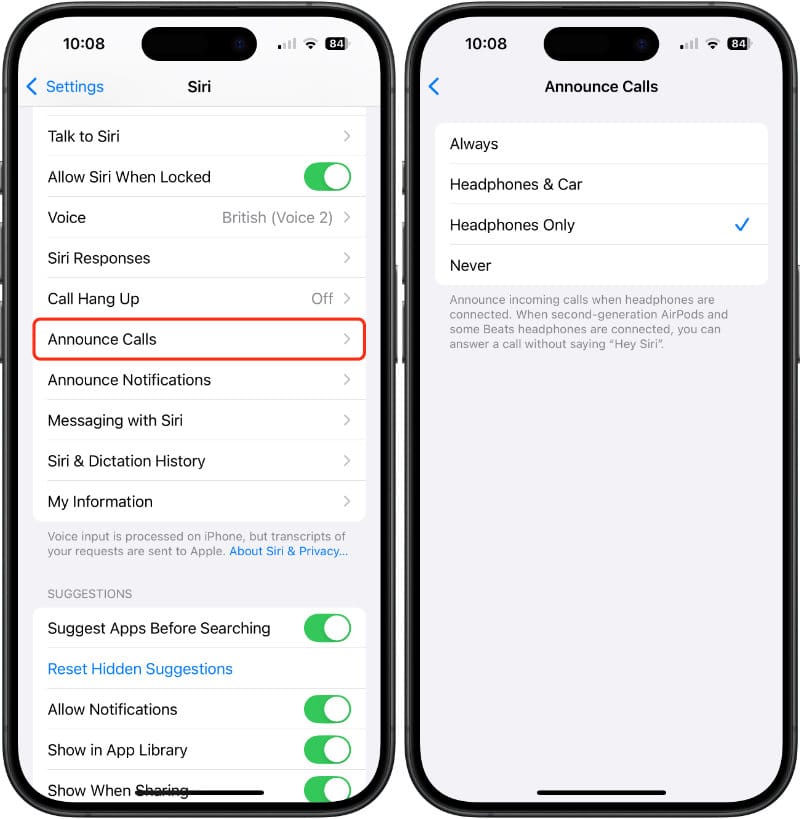 “Announce Calls” settings on the iPhone