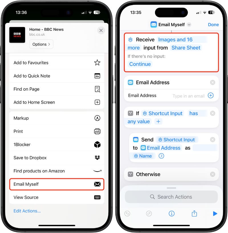 Tapping on “Email Myself” in the Share Sheet sends the content to the shortcut