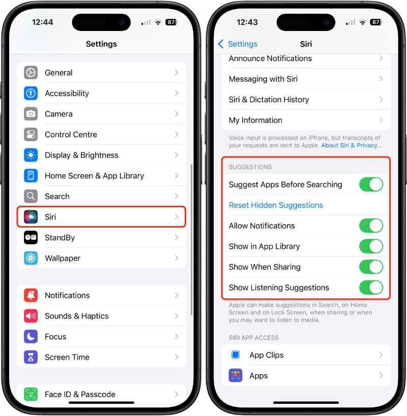 Turn off Siri Suggestions on an iPhone and iPad