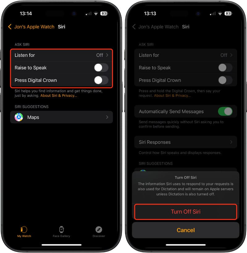 Turn off Siri in the Apple Watch app
