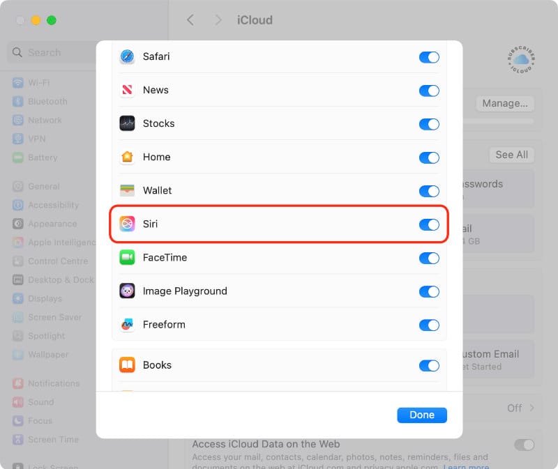 Turn off Siri in iCloud on a Mac