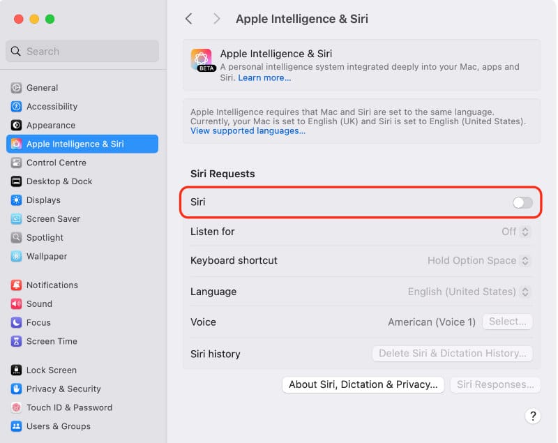 Turn off Siri on a Mac