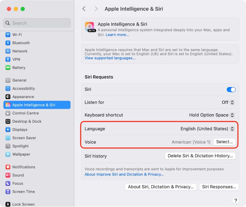 Siri language and voice settings on a Mac