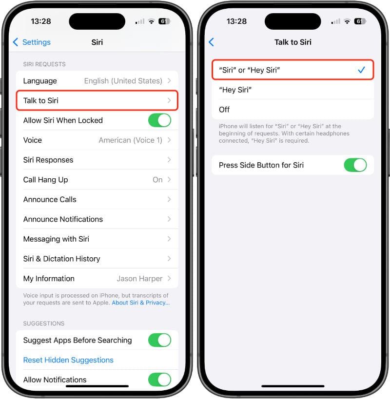 Turn ‘Listen for Siri’ on in iOS Settings