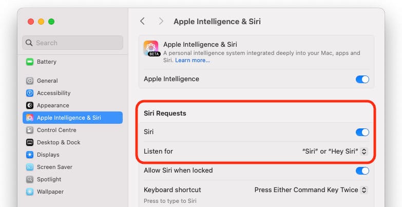 Turn ‘Listen for Siri’ on in System Settings on macOS