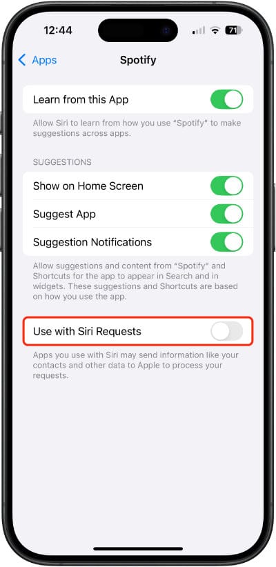 Turn “Use with Siri Requests” on or off