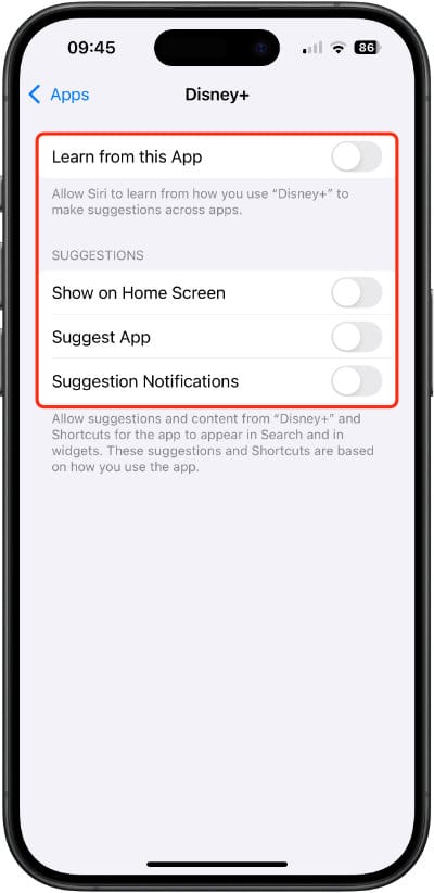 Turn off Siri Suggestions for individual apps