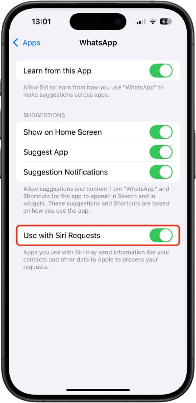 Toggle on “Use with Siri Requests”